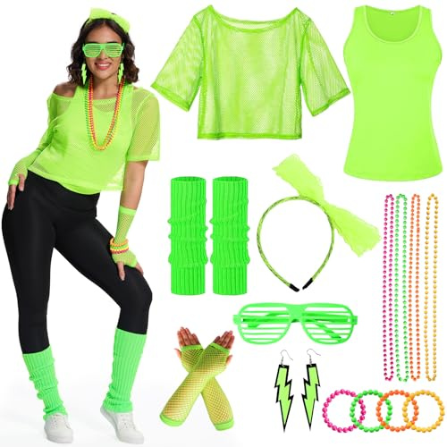 Ulikey 80-tals 90-tals outfit dam, 80-tals kläder damset, nättröja, linne, halsband, armband, örhänge, glasögon, pannband, 90-tals neon party outfit temafest tillbehör