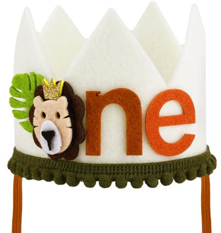 PEUTIER Corona Compleanno Leone, Regolabile Cappello per il 1° Compleannocorona Compleanno Giungla Corona di Compleanno Carina con Animali Bomboniere per Feste a Tema Re Leone per Ragazzi e Ragazze