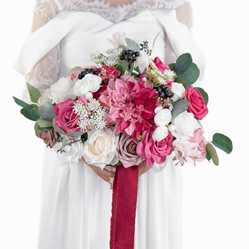 BENCENTRE 35,6 cm Fuchsia-Brautstrauß, Hochzeitsstrauß, Brautsträuße für Hochzeit, Zeremonie, Jahrestag, Party und französische rustikale Vintage-Hochzeit, künstliche Blumen