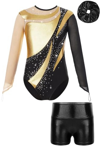 Oyolan Enfant Fille Justaucorps Gymnastique avec Short Ensemble Tenue Patinage Danse Spectacle Costume 5-16 Ans A Or Noir 5-6 ans