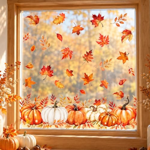 JarThenaAMCS Fall Window Clings Pumpkin Leaves Window Stickers Double-Side Glass Decals for Autumn Harvest Thanksgiving Home Party Shop Display Decoration, 82Pcs, 9 Sheet