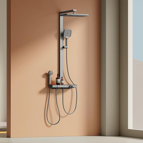 EMKE® Duschsystem Regendusche Anthrazit Matt 40 cm LED-Anzeige Glasablage Duschsystem mit Thermostat, mit 3+1 Elternteil und Kind Handbrause+Übergröße Regendusche +Auslauf, Einfach Install