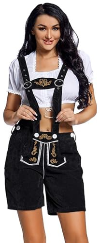 Pantaloni da donna neri per costume tradizionale bavarese, in pelle, al ginocchio, da donna, con bretelle per feste d'Oktoberfest ed eventi, salopette corte, Nero , L