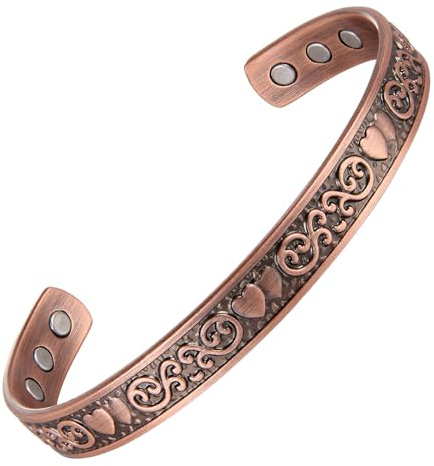 MagEnergy Copper Bracelet for Women, 99.9% Pure Copper Magnetic Cuff Bangle with 6 Pcs Ultra Strength Magnets, Adjustable Size Bracelets with Present Box(Heart)