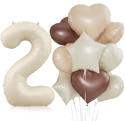Beige Luftballon 2.Geburtstag,Cremeweiß 2. Geburtstag Ballon Deko,XXL 40 Zoll luftballon 2.，Beige Aprikose Braun Herz Stern Folienballons，für 2 Jahre Geburtstagsdeko Jubiläum Party Dekoration