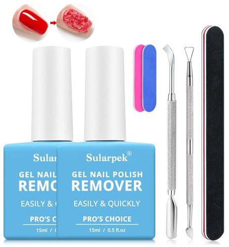 Sularpek 2Piezas Removedor Quita Esmalte Semipermanente para Uñas, Permanentes para Uñas, Elimina Fácil y Rápidamente el Esmalte en 3-5 Minutos,No Daña las Uñas, con Lima de Uñas y Rascador de Esmalt