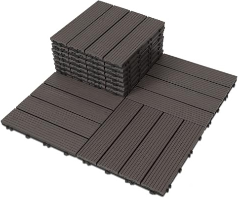 Fiqops Lot de 110 dalles de terrasse WPC 30 x 30 cm - Dalles de jardin avec système à clic - Revêtement de sol de balcon - Résistantes à l'eau - Pour 10 m² - Café