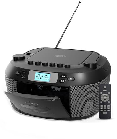 Audiobox Reproductor portátil de CD y casete, Bluetooth 5.3 Boombox, radio AM/FM, USB, MicroSD, entrada AUX, doble, con mando a distancia, color negro