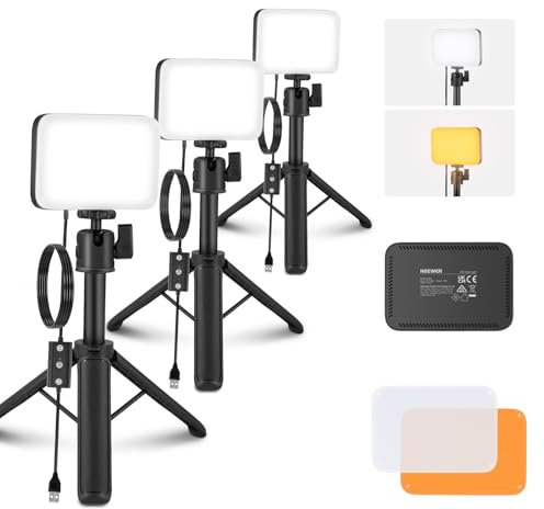 NEEWER Basic Paquete de 3 Panel Video LED Escritorio, Kit Foco Luz Videoconferencias con Trípodes/Filtros para Móvil Webcam Portátil Zoom Call Maquillaje Grabación Transmisión Selfie Rgulable, BP66