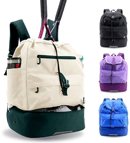 J World Ace Large Tennis Backpack for Women Men. Holds 2 Rackets. Badminton Squash Pickleball Bag. Kids Sports Gym Bag with Shoe Compartment, White Green