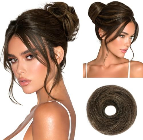 RUWISS Small Messy Bun Hair Piece Human Hair, One Hairpiece Two Styles Mini Natural Looking Scrunchies Updo for Daily, Hair Buns for Thin & Fine Hair Women Ponytail Extension (Brown Mixed)
