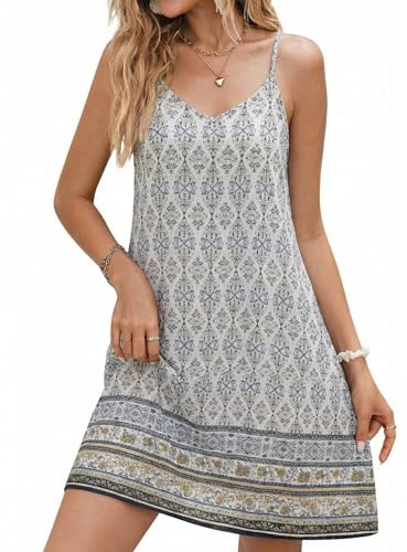 Zeagoo Robe d'Été Bohème Femme à Fines Bretelles, Robe Courte Fleurie sans Manches, Robe de Plage Sexy, Mini Robe Décontractée