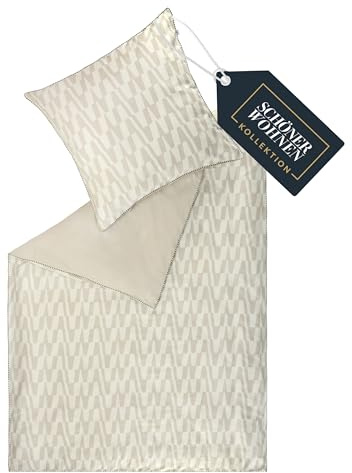 Schöner Wohnen, biancheria da letto in raso, 135 x 200 cm, in cotone grafico naturale, set di biancheria da letto di lusso, 2 pezzi, traspirante, 1 copripiumino e 1 federa 80 x 80 cm, set di copertura