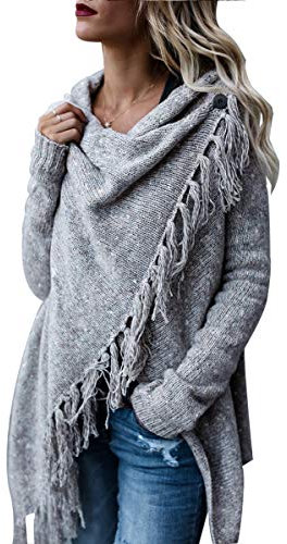 CEASIKERY Damen-Poncho mit Fransen, Pullover, lange Strickjacke, Strickpullover, Mantel, hellgrau, X-Groß