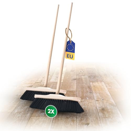 Novaliv 2 escobas de habitación con mango auténtico, cerdas suaves, con mango de madera, escobas mixtas de crin, para laminado y parqué, cerdas naturales