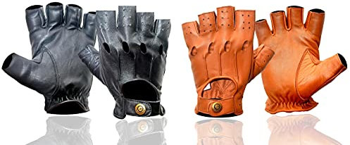Gants Mitaine de Conduite en Cuir Sans Doublure Gant Respirant Pour Hommes Style Vintage Rétro En Cuir Doux Avec Sangle à Bouton-pression Gant Demi Doigts de Voiture Vélo Moto Musculation (Marron, XL)