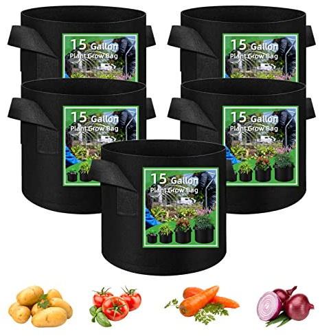 5 Pack Vegetable Grow Bags, Gardening Plant Growing Bags Breathable Non-woven Fabric Plant Pots with Handles Indoor & Outdoor Grow Containers for Vegetable/Flower/Plant/Fruits, 15 Gallon(Black)