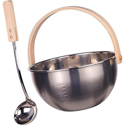 F Fityle Juego de cubo y de acero inoxidable para sauna, barril de agua con mango de madera, tamaño 27 cm x 30 cm