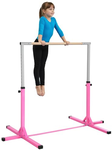 HOMCOM Barra de Gimnasia para Niños de +3 Años Barra de Entrenamiento con Altura Ajustable 92-150 cm Barra Horizontal de Gimnasia Carga 75 kg 194x121x150 cm Rosa