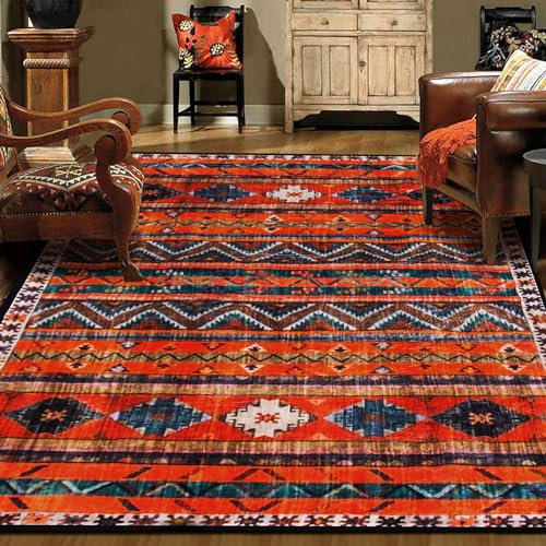 WAHIKASKI Teppich Wohnzimmer 120 x 180 cm, Klassischer Vintage Heimdeko, Waschbar Anti-Rutsch Unterseite, Geometrie-Streifendesign, Tiefes Orangegelb, Kurzflor Teppich FüR Schalfzimmer, Pflegeleicht.