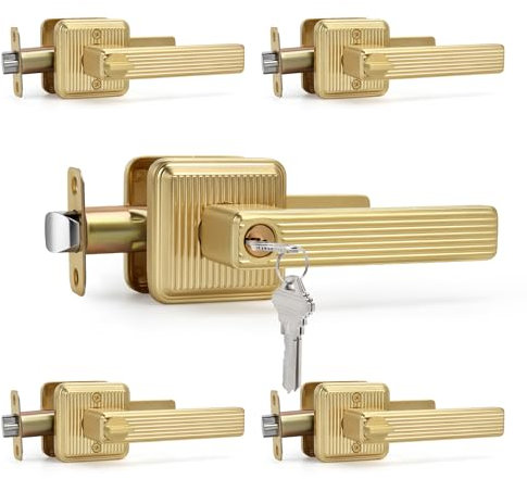 LOQRON Nyckelat borstat guld entrédörrhandtag med nyckel och lås, 5-pack grossist fyrkantiga ränder slitstark dörrspak entré i satäng mässing vändbar för höger och vänster kontor/ytterdörr