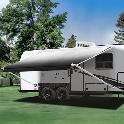 RecPro Manual Retractable RV Awning Frame Full Set Assembly | White Frame with Vinyl Awning Fabric (11' with 10' 1 Black Fade Fabric)