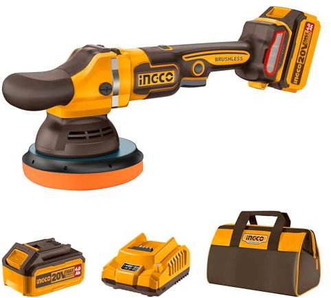 INGCO 20V Brushless Random Orbital Polisher 150mm, Polisher Buffer Waxing Machine, 6 Variable Speeds 4500RPM, Safety Lock Button with 1Pcs 4.0Ah Battery and Charger, Packed by Canvas Bag APLI20151