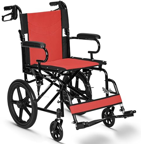 Lightweight Folding Wheelchair - Travel Friendly Foldable Transit Wheel Chair - Adjustable Footrests, Lock Lever Brakes, Dual Parking Brakes - Red, Standard 18 Seat