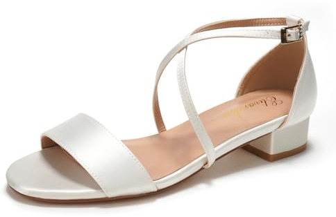 Elivandon J1584 Femme Satin Bas Talon Soirée Sandales Bout Ouvert 3cm Bloc Talon Satin Soirée Fête Mariage Robe Chaussures Noces Couleur Ivoire,Taille 39 EU (5.5 UK)