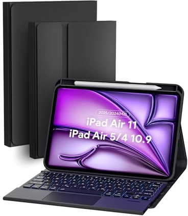 Doohoeek Schutzhülle mit Tastatur für iPad Air 11 2025(M3)/2024(M2), iPad Air 4./5. Gen 10,9 Zoll, Bluetooth Kabellose Beleuchtete Tastatur mit Multi-Touch Trackpad, QWERTZ, Schwarz