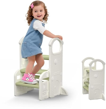 hoopyosms Taburete Infantil con Asas, Escalón Ajustable de 2 a 3 Niveles, Compacto y Antideslizante para Baño, Cocina, Inodoro y Lavabo(Verde)