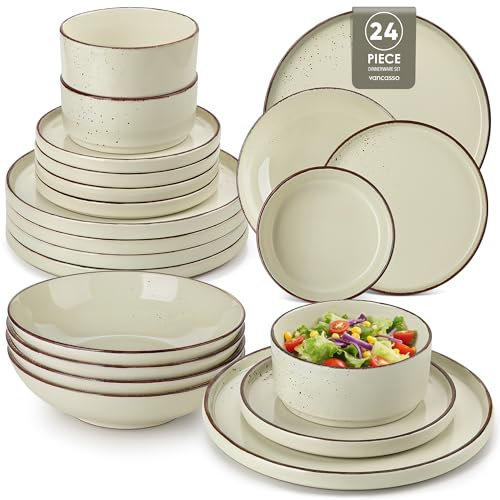 vancasso NAVIA Service de Table 24 Pièces pour 6 Personne, Set Vaisselle en Porcelaine - 6 Assiette Plates, 6 Assiette Dessert, 6 Assiettes Creuses et 6 Bols - Adapté au Micro-Ondes - Beige