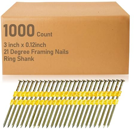 1,000 Count Framing Nails - 3 x 0.120, 21 Degree for Metabo Framing Nail Gun | High-Strength Painted, Ring Shank, Full Round Head