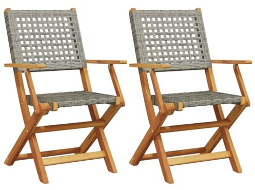 Homvdxl 2 Set Faltbarer Holz Strand Campingstuhl Tragbarer Gartensessel mit PE Rattan Optik Rücken & Sitz - Atmungsaktiver Outdoor Picknick Sitz - Grau