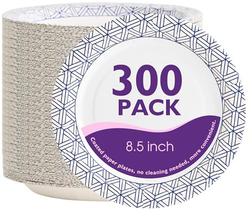 PACKINNO Disposable Paper Plates 8.5 Inch 300 Count, Soak Proof and Cut Resistant Heavy Duty Paper Plates Bulk for Parties, Picnics, Camping, and Everyday Meals