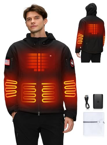 HEATIX Veste Chauffante pour Homme avec Batterie 12V, Manteau d'hiver Softshell Chauffant Electrique avec Capuche Pliable, Noire, Taille L