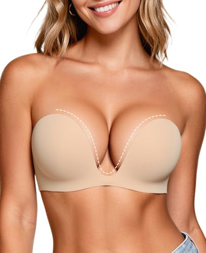 Upushall Strapless Push Up Bras for Women Padded Deep Plunge U Shape Halter Non Slip Seamless Bra Nude,36C