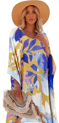 Breezy Lane Vestido caftán de playa para mujer, para traje de baño, diseño floral, ropa de centro turístico, Amarillo y azul., Altoa única