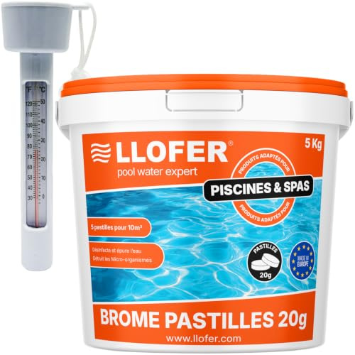 LLOFER - Pack Brome Piscine 5 kg + Thermomètre Piscine Inclus - Pastilles 20 g - Désinfection Longue Durée - sans Odeur de Chlore - Haute Tolérance au pH - Fabriqué en Europe