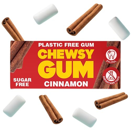 Chewsy Cinnamon Plastic Free Gum | Plant Based | Sugar Free | Aspartame-Free | Xylitol | Tooth Friendly | Vegan | Biodegradable | Natural Chewing Gum 12 Packs