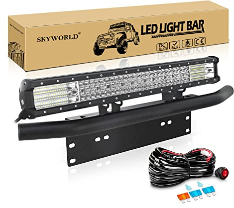 SKYWORLD LED-Lichtleiste, 4 Reihe 59 cm 570W Spot-Flut-Kombistrahl, Arbeitslampe Montagehalterung mit schwarzem Nummernschild-Montagehalterung, 12 V Kabelbaum EIN-/Ausschalter für LKW Auto SUV 4X4