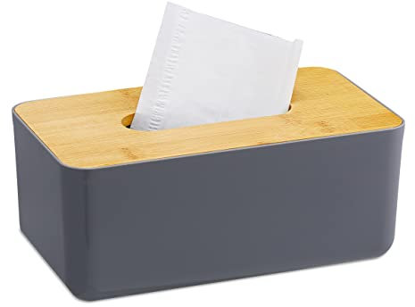 Relaxdays 2 x Taschentuchbox, nachfüllbar, Badezimmer, Tücherbox mit Bambus-Deckel, Kunststoff, HxBxT: 10x23x13 cm, grau/Natur