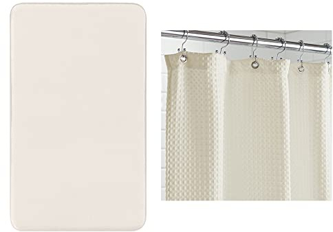 Gorilla Grip Memory Foam Bath Rug and Waffle Shower Curtain, Bath Rug Size 42x24 in Cream, Washable, Absorbent, Waffle Shower Curtain Size 72x72 in Ivory, Thick Weighted Fabric, 2 Item Bundle