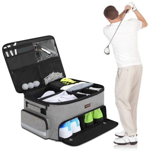 Golf Trunk Organizer for Car, 2 Layer Golf Trunk Organizer with Separate Ventilated Shoe Compartment, Black Golf Car Organizer for Golf Accessories, Golf Gifts for Men Women