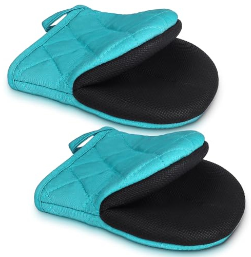 1 Pair Short Oven Mitts - Silicone Kitchen Oven Gloves High Heat Resistant 500℉, Mini Oven Mits with Non-Slip Grip Surfaces and Hanging Loop for BBQ, Baking, Cooking and Grilling (Coral Blue)