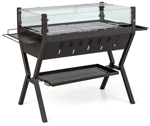 COSTWAY Barbecue a Carbonella, Griglia a Carbone Portatile con Protezione Antivento, Ripiani per Condimenti, Mensola Portaoggetti, per Cucinare, Campeggio e picnic