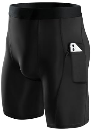 Niksa 1er Pack Herren Kompressionsshorts mit Taschen Schnelltrocknendes Base Layer Tights Sport Unterhosen für Enge trockene und atmungsaktive Radlerhose, Sportshorts mit Handytasche, Schwarz, S