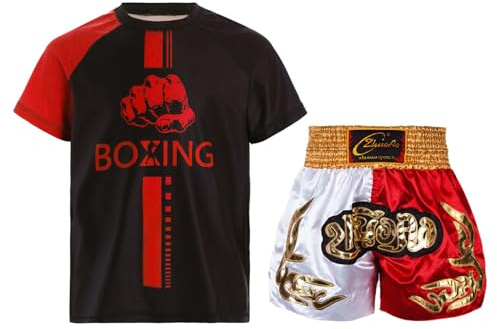 Miutii Kinder Jungen Trainingsanzug Boxing Kleidung Muay Thai Short Kickboxen Kurze Hose + T-Shirt Thai MMA Kampfsport Training Sport Set A Gelb&Weiß&Rot 158-164