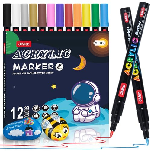 Acrylic Marker Pens, 12 Pack 0.7mm Fine Point Colourful Acrylic Permanent Paint Pen Set for Christmas, Easter Egg, Pumpkin, Art, Wood, Rock Painting, Plastic, Ceramic, Glass and Fabric DIY Drawing