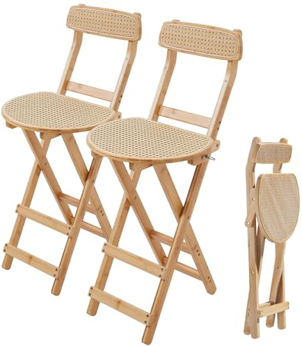 Warmiehomy Folding Bar Stools Set of 2 with Backs, No Assembly Required | Rattan Surface Wooden Kitchen Breakfast Bar Stools, 60CM Seat Height High Stools for Kitchen Counter Living Room Cafe Bistro